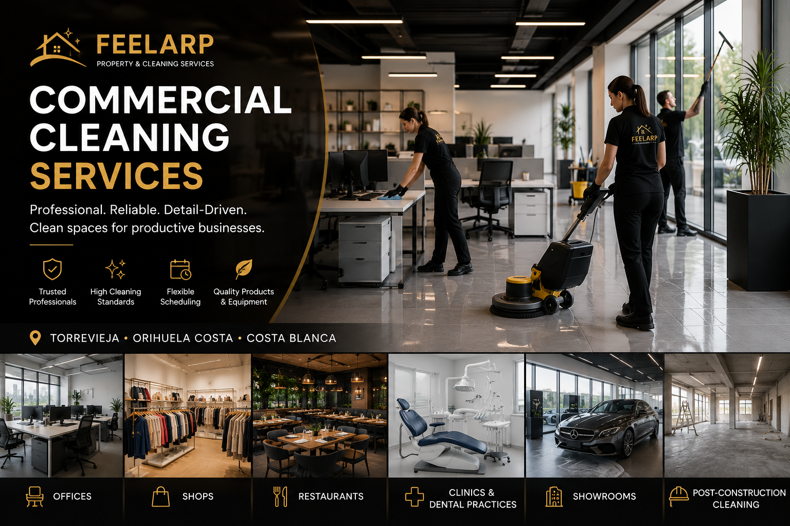 FEELARP commercial cleaning services for offices shops clinics and restaurants in Torrevieja