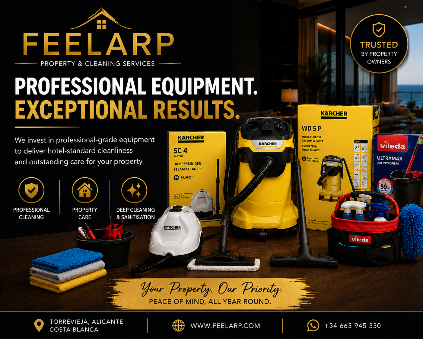 FEELARP professional cleaning equipment including steam cleaner, commercial vacuum and specialist cleaning tools