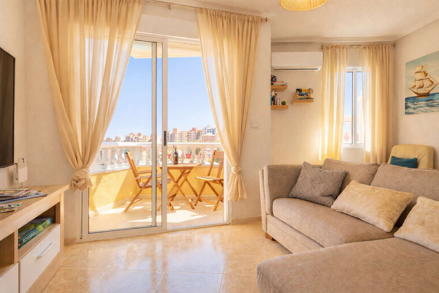 Aparthotel Casa Antonie living room and sunny balcony in central Torrevieja
